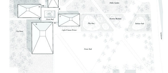 A park map showing picnic areas, play areas, workout zones, gardens, and buildings with green roofs and terraces.