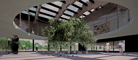 Modern open-air pavilion with central trees, people walking around, and a circular roof with skylights.