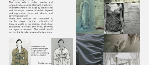 Fashion design page with text, sketches, and moodboard images featuring layered fabrics and a mixture of light and dark materials.