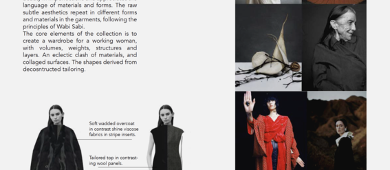 Two outfits featuring layered garments including coats, tailored tops, and wide-legged trousers. Moodboard on right.