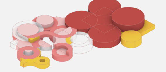 3D abstract shapes including red circles, yellow blocks, and pink rings interconnected.