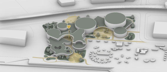A 3D building model featuring a green area at its core, surrounded by various meeting spots and pathways.