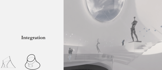 Modern, white, curved architecture with large circular skylight, abstract sculptures, and the text 'Integration' on the left.