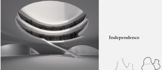 A modern, circular library interior with a spiral staircase. Text 'Independence' and abstract shapes are on the right.