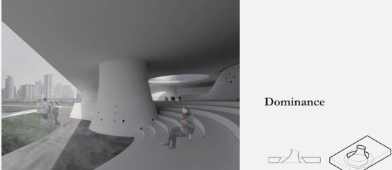 Modern architecture with curved seating and large columns. People gather in the background. Text: Dominance.