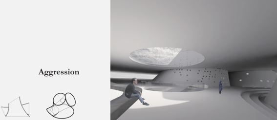 Modern building interior with circular sky opening. A man sits, and another person walks. Text: Aggression.