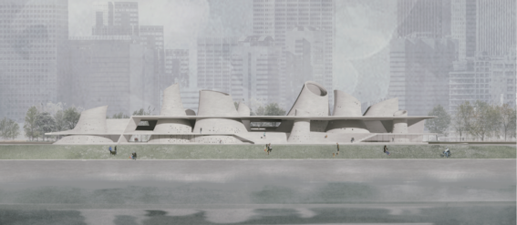 Modern white building with curved roofs beside a river on an overcast day, skyscrapers in the background.