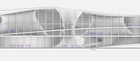Architectural diagram of a modern building with curved structures and multiple floors. Tiny people figures are shown.