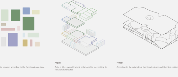 Three stages: define coloured blocks, adjust them in space, and merge into complex 3D structure.