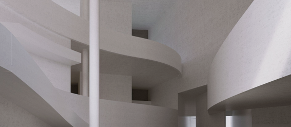 Modern interior with curved white walls and a central column. Open spaces and minimalistic design.