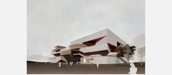 Modern architectural building with angular grey exterior and red accents, surrounded by people against a cloudy sky.