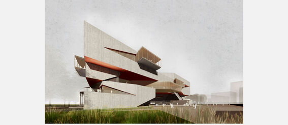 Modern, abstract multi-storey building with angular design and large windows. Grass in the foreground.