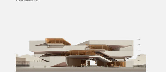 Architectural rendering of a modern multi-level building with sharp angles and large windows, labelled 'Street Elevation'.