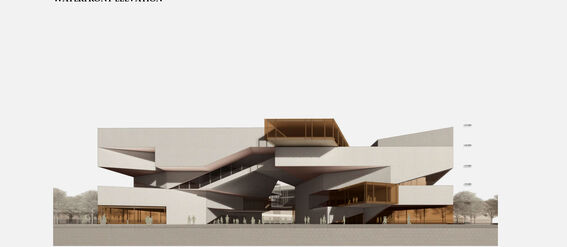 Modern architectural design of a waterfront building with layered, overlapping structures and large glass sections.