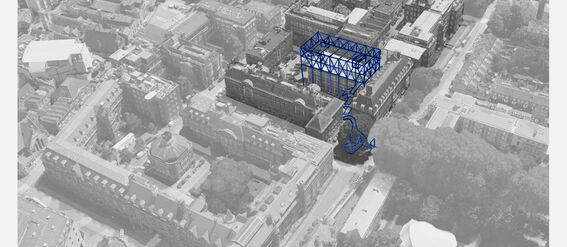 Aerial view of a city with a blue architectural structure overlay on buildings.