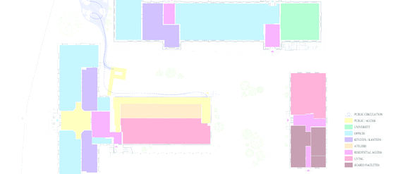Ground floor plan showing various coloured sections for public access, university, offices, and other facilities.