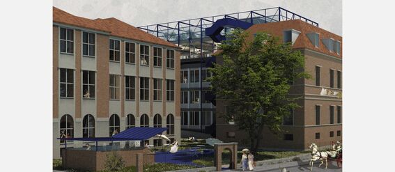 A modern building complex with glass structures, red roofs, and a courtyard with a fountain. People and a horse carriage are visible.