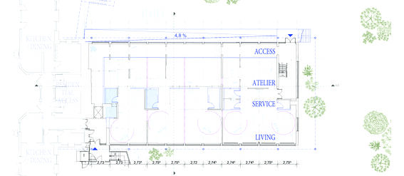 Architectural ground floor plan showing various rooms labelled as office spaces, kitchen/dining, access, atelier, service, and living.