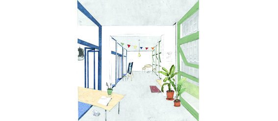 Illustration of a room with green-framed windows, plants, a wooden table, chairs, and colourful bunting.