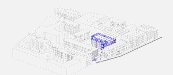 Architectural drawing of a city block with a highlighted blue superstructure in the centre.