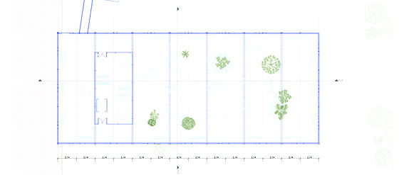 Architectural plan of a rooftop terrace with plants, seating areas, and pathways. Scale 1:100.