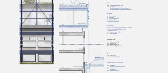 Architectural drawing showing a building facade and cross-section with detailed annotations. Includes roof terrace and underground car park.