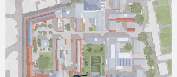 A site plan showing various buildings, green areas, and pathways. The layout includes trees and a small water feature.