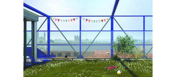 A rooftop garden with a blue fence, bunting, chairs, toys, and a view of Cambridge buildings in the background.