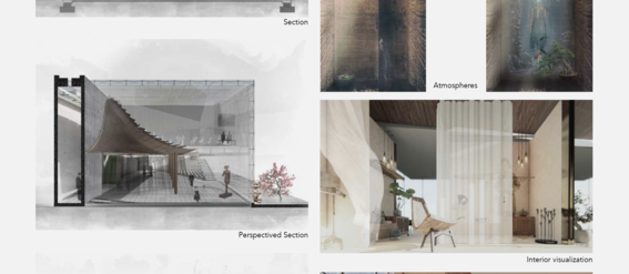 Architectural design with sections, atmospheres, and interior visualizations. Features modern structures and natural light.