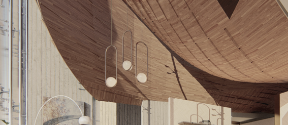 Modern interior with wooden ceiling, hanging lights, plants, and a small pool. Clothes are displayed on shelves.