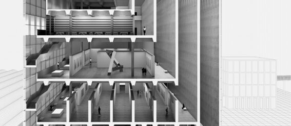 Cross-section of a multi-storey building with various rooms, staircases, and people. Large sculpture on the ground floor.