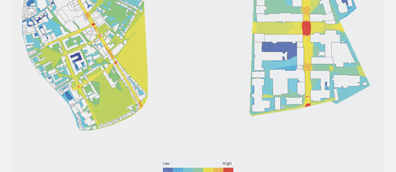 Two maps showing proposed ensemble VGA analysis with colour-coded areas from low (blue) to high (red).