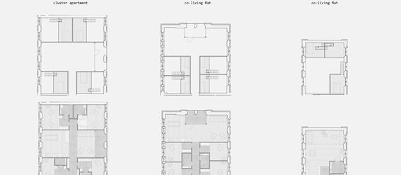 Three flat types: L cluster apartment, M co-living flat, S co-living flat. Each has two floor plans shown.