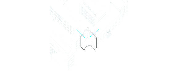 Diagram of buildings with a highlighted connection to an interior street, shown with blue lines.