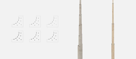 Diagram showing recycled concrete blocks and timber structure with detailed corner sections.