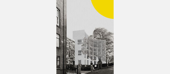 A street with buildings, trees, and a large yellow semicircle in the sky. The image has a monochrome and modern design.