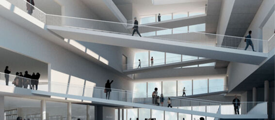 Modern building interior with multiple floors, large windows, and people walking on ramps.