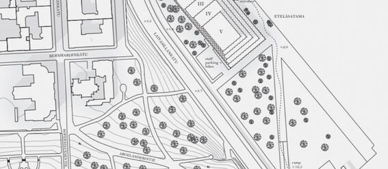 Map showing buildings, roads, and green areas with trees. Labels include Bernhardinkatu, Unioninkatu, and Eteläsatama.
