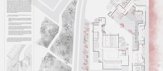 Architectural plan with text titled 'The Museum as a Path'. Includes building layout and surrounding landscape.