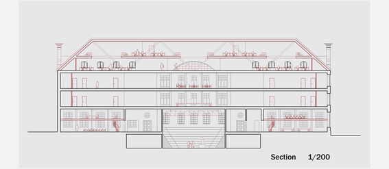Architectural section drawing of a multi-storey building with detailed interior elements and figures, scale 1/200.