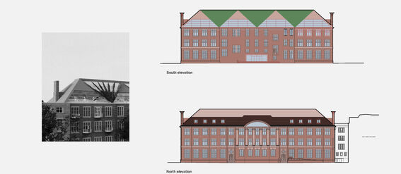 Architectural drawings of a brick building's south and north elevations, with a black and white photo of the building on the left.