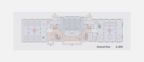Architectural floor plan of the ground floor, showing seating areas, staircases, and university hubs.