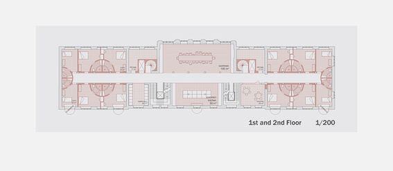 Architectural floor plan of the 1st and 2nd floors, showing rooms, staircases, and common areas in red and grey.