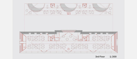 Architectural floor plan of the 3rd floor, showing office spaces, meeting rooms, and a large balcony area.