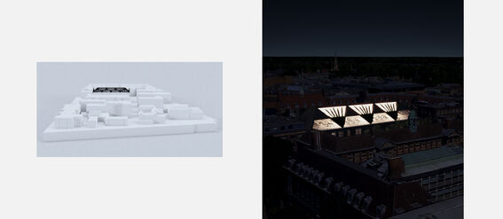 Two images: a white architectural model on the left and a night view of a building with illuminated roof structures on the right.