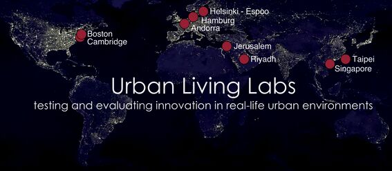 World map at night with red dots marking Urban Living Labs in various cities and text about testing urban innovation.