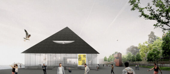 Modern building with a triangular roof, glass walls, and people walking outside. Trees and a bird in the sky.