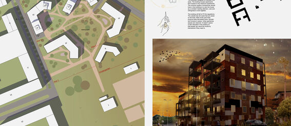 Page of the work by Antero Heino. Architectural board with site plan, concept sketches, section views and a night view of an apartment block.