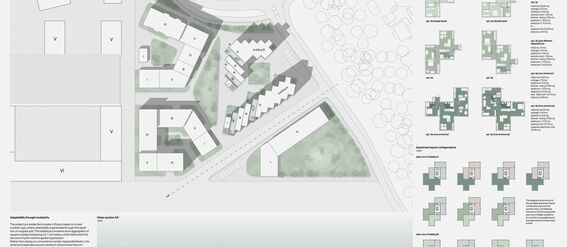 Page of the work by Arianna Puddu. Architectural site plan, section view, apartment typologies and diagrams of apartment layout configurations. Everything in green and shades of grey.