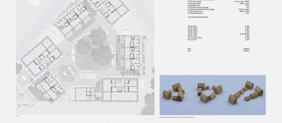 Architectural layout with floor plans, diagrams, area table, wooden block models and colourful elevation views. Page of the work by Esa Partanen.